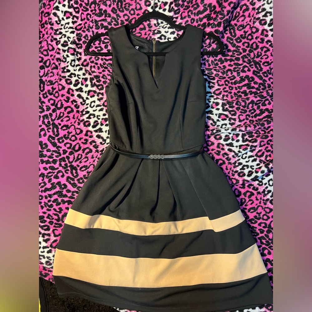 IZ Byer - Black Belted Fit & Flare Dress w/ Tan Stripes (Size 5)